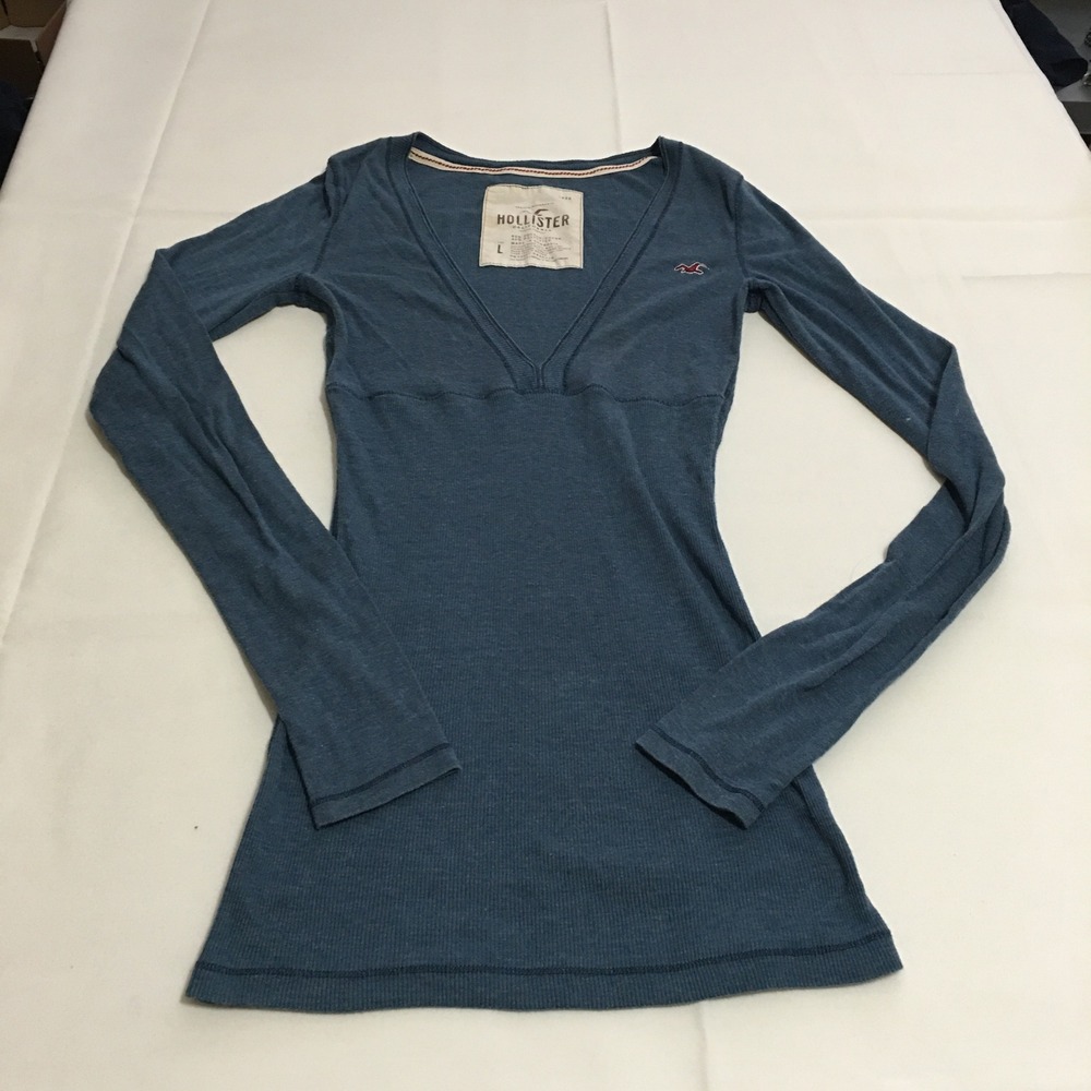 Hollister Y2K Long Sleeve Top Women Large Blue Ribbed V-Neck Logo